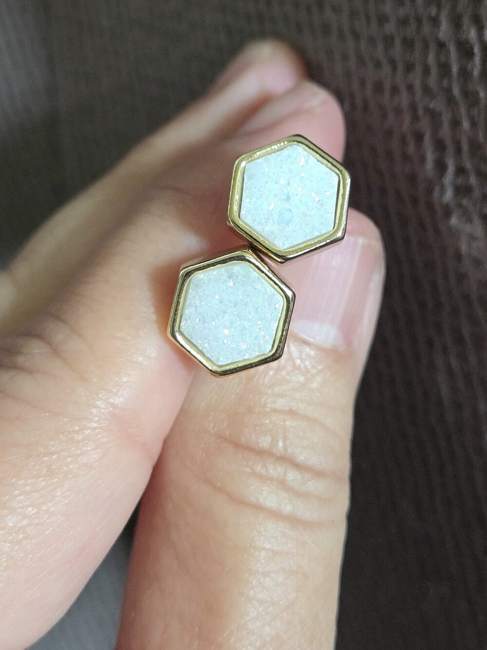 Luna🌙 Norte White Druzy Quartz Hexagon Earrings - Picture 9 of 16